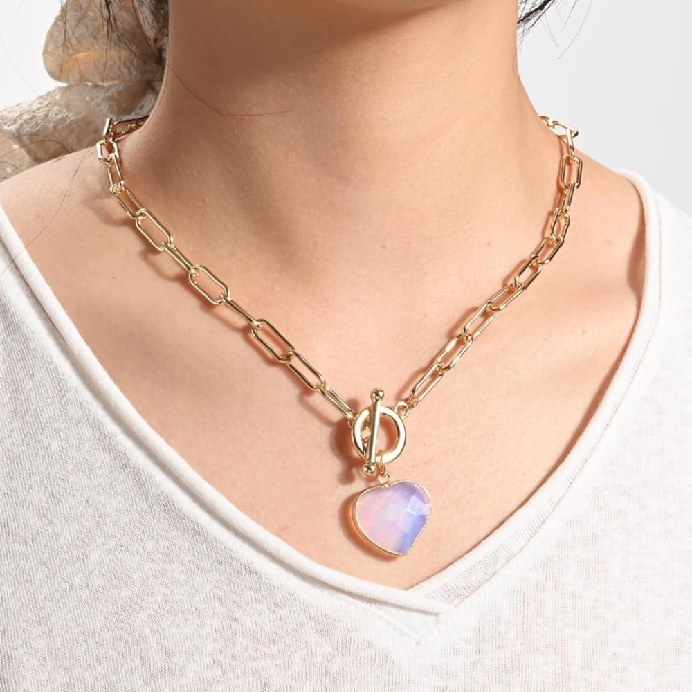 New! Opal Heart Gold Chain Necklace